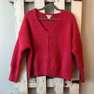 Hot Pink Fuzzy V-Neck Sweater